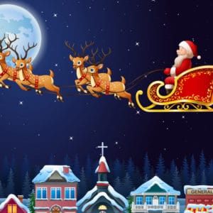santa claus riding his reindeer sleigh flying over vector 20821811 e1606100552163 300x300 1