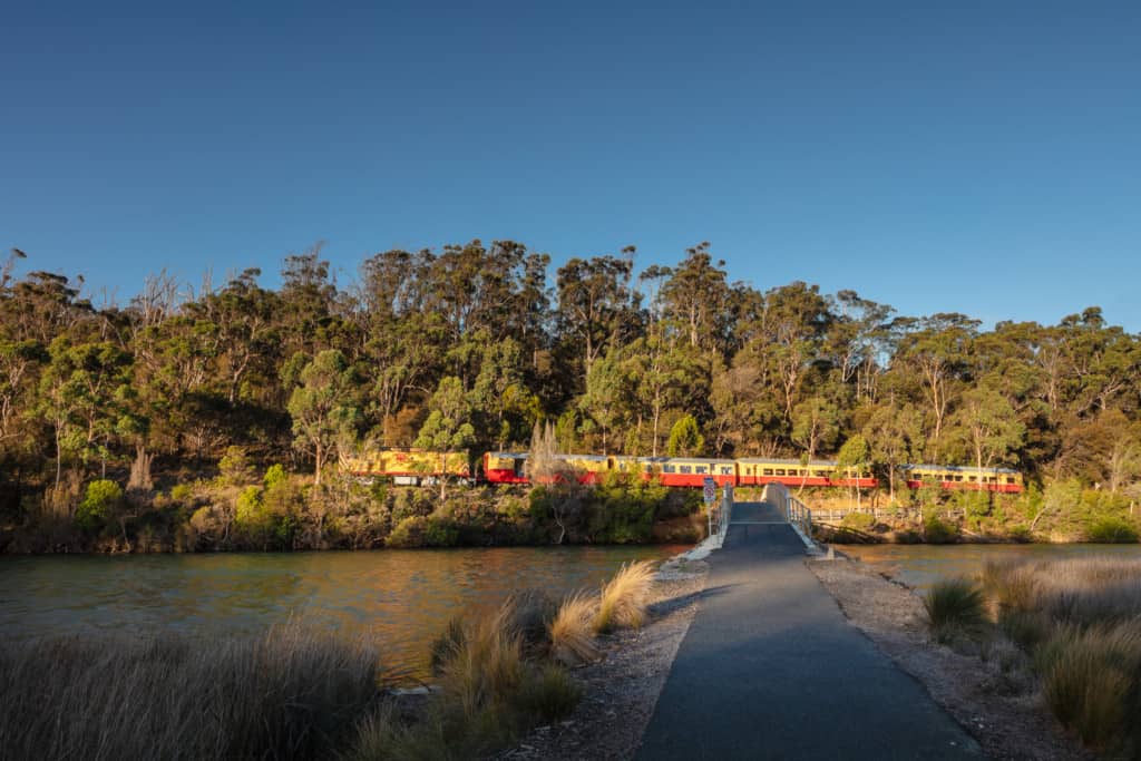 Image shows a walkway leading to a bridge, with a train travelling through bush in the background