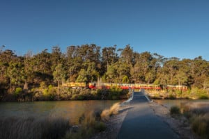 Image shows a walkway leading to a bridge, with a train travelling through bush in the background