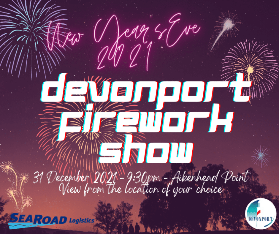 Devonport Fire Show poster with New Year's Eve and firework images promoting the event.