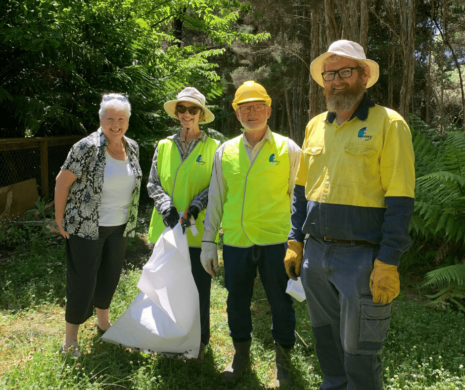 A photo of four people standing in the Don Reserve, including Devonport Mayor Annette Rockliff (far left) with Friends of the Don Reserve members June Hilder and Tony Lucadou-Wells, and Devonport City Council’s Natural Resource Management Officer Phil Hrstich.