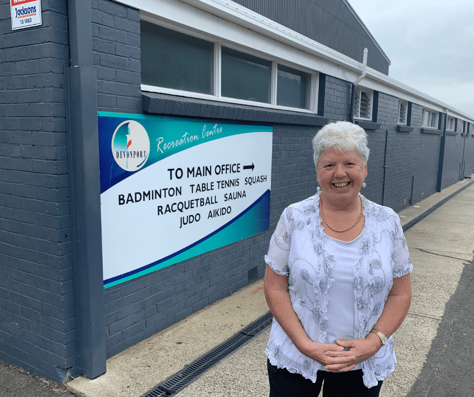 The Devonport Mayor Annette Rockliff standing in front of the Devonport Recreation Centre.