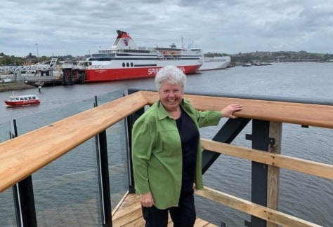 Devonport Mayor Annette Rockliff standing on the new elevated walkway with the Spirit of Tasmania in the background..