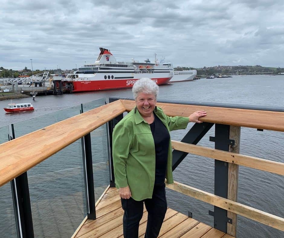 Devonport Mayor Annette Rockliff standing on the new elevated walkway with the Spirit of Tasmania in the background..