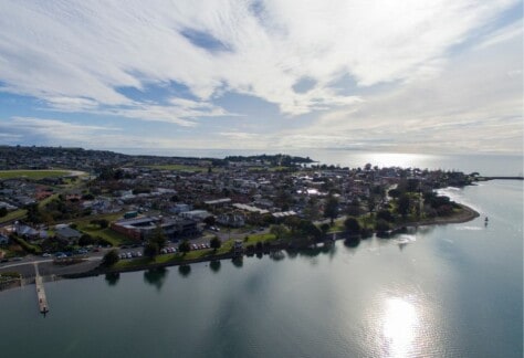 An aerial view of Devonport looking down at the Mersey River.