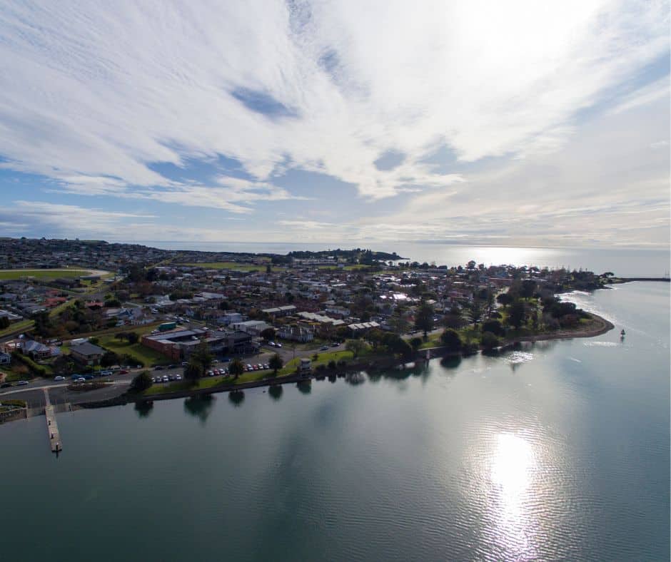 An aerial view of Devonport looking down at the Mersey River.