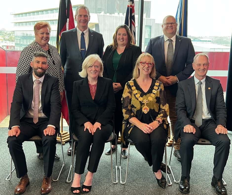 Members of the new Devonport Council at today’s Declaration of Office are (front, from left) Damien Viney, Stacey Sheehan (Deputy Mayor), Alison Jarman (Mayor) and Gerard Enniss, (back, from left) Janene Wilczynski, Steve Martin, Alison Moore and Leigh Murphy. Absent: Peter Hollister.