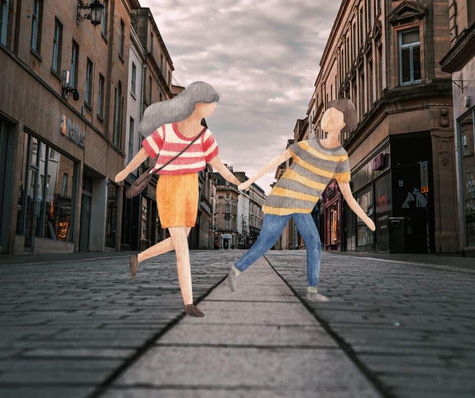illustrated characters running across a cobbled street