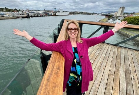 Devonport Mayor Alison Jarman on the elevated walkway which opened to the public today, alongside most of the waterfront parklands.