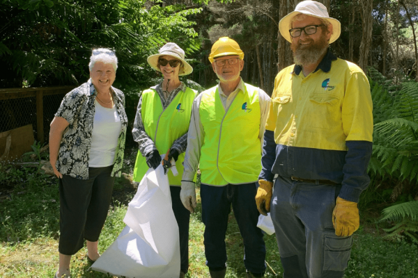 A photo of four people standing in the Don Reserve, including Devonport Mayor Annette Rockliff (far left) with Friends of the Don Reserve members June Hilder and Tony Lucadou-Wells, and Devonport City Council’s Natural Resource Management Officer Phil Hrstich.